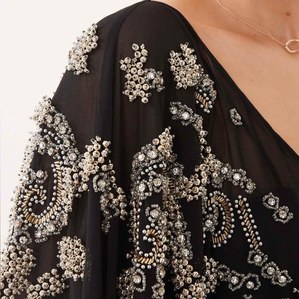 ASOS DESIGN draped batwing sleeve embellished maxi dress with lace in black - Picture 3 of 4